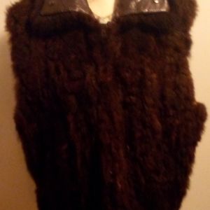Woman's L  brown opossum fur vest W/ leather collar